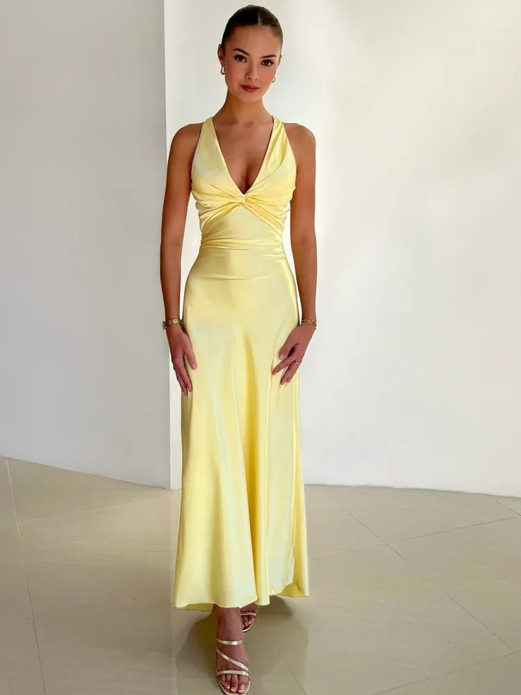 Dame A-formet Kjole Hvid Satin Mouwløs V-hals Elegant Festkjole-3