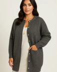 Dame Cardigan Grå Katoenmix Oversized Med Lommer Elegant Casual Stil