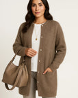 Dame Cardigan Grå Katoenmix Oversized Med Lommer Elegant Casual Stil