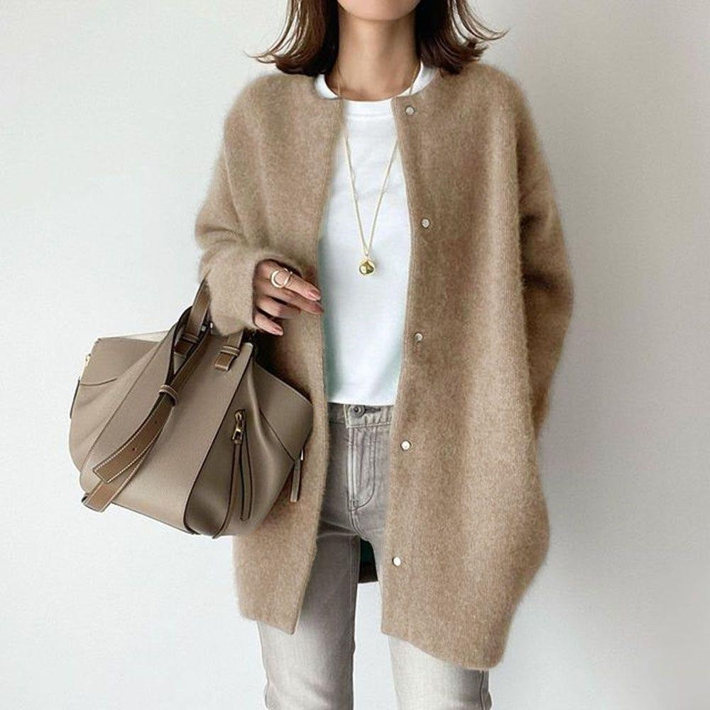 Variant image for Dame Cardigan Grå Katoenmix Oversized Med Lommer Elegant Casual Stil-1