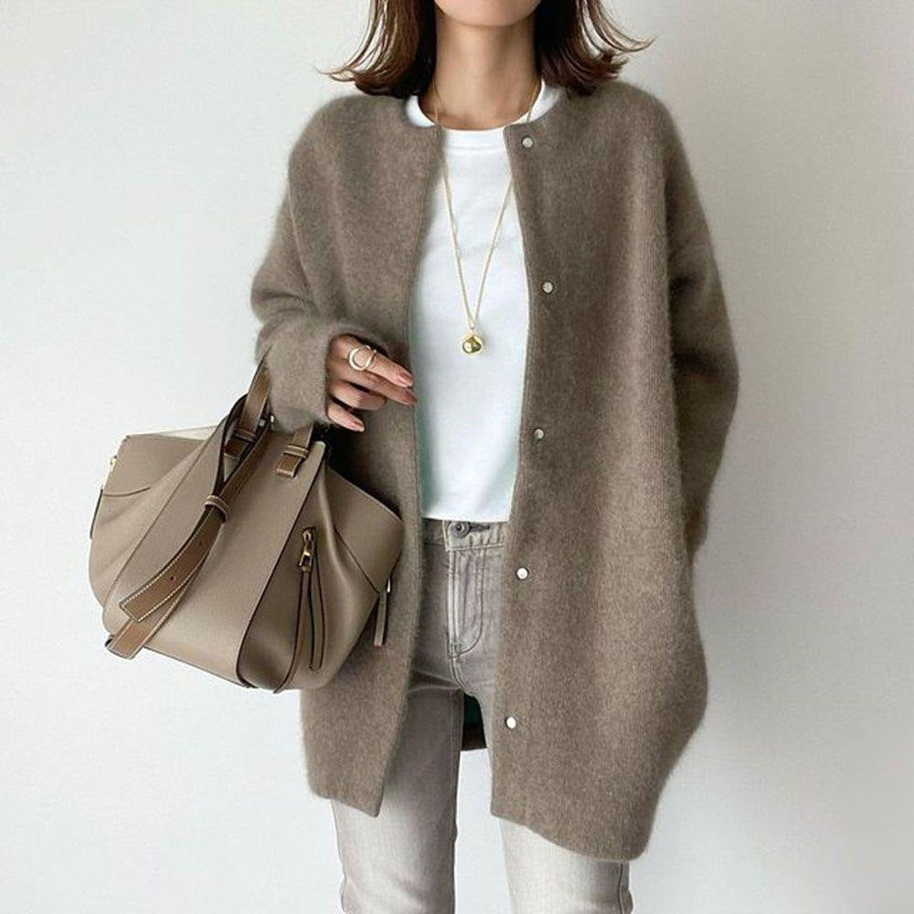 Variant image for Dame Cardigan Grå Katoenmix Oversized Med Lommer Elegant Casual Stil-25