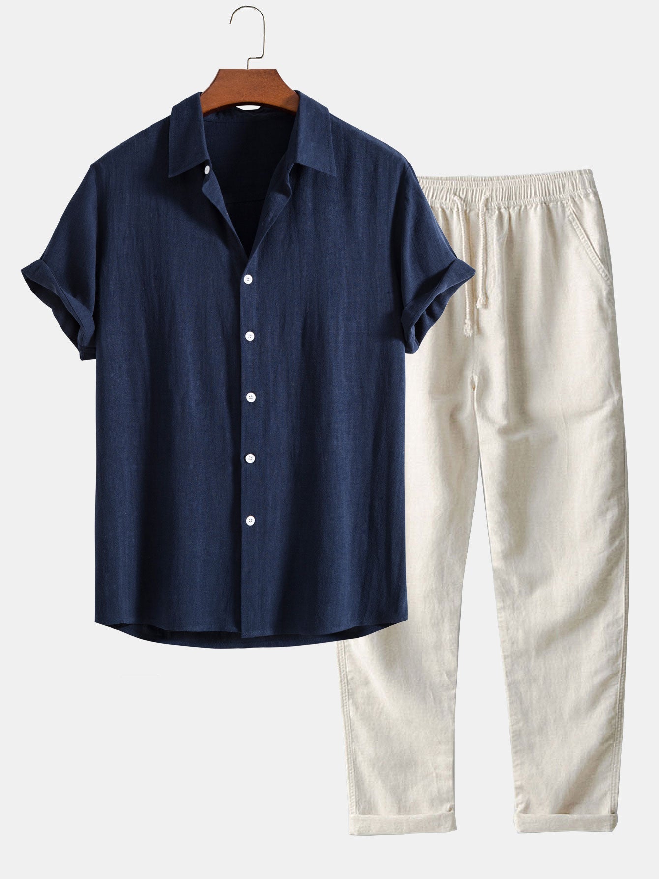 Herre Loungewear Sæt Beige Katoen-Linned Mix Komfortabel Kort Ærmet Casual-6