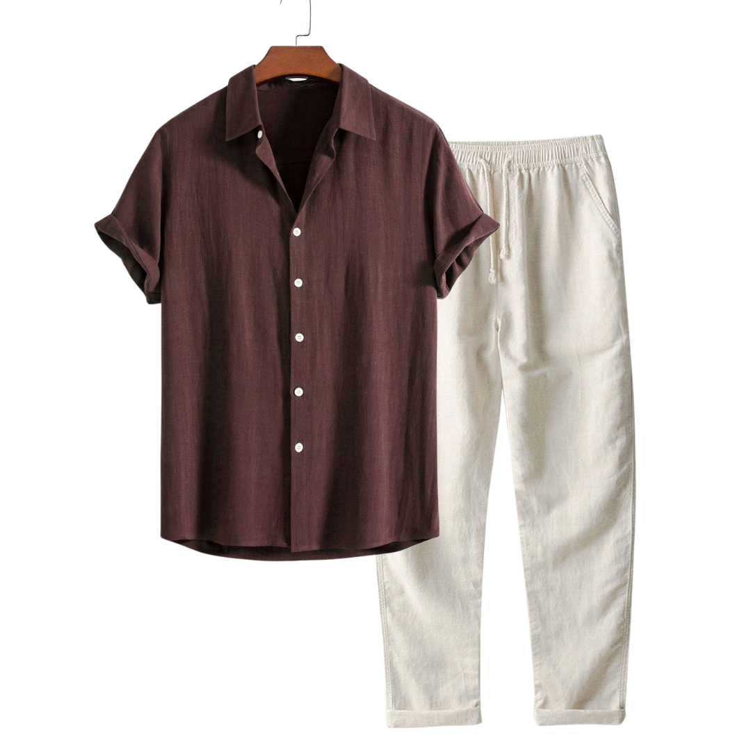 Variant image for Herre Loungewear Sæt Beige Katoen-Linned Mix Komfortabel Kort Ærmet Casual-1