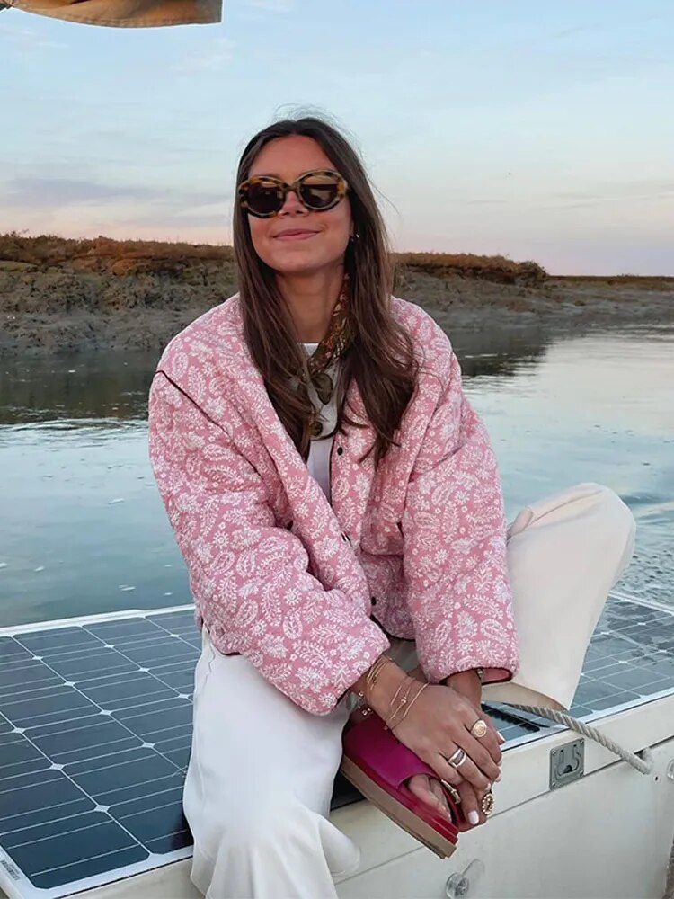 Dame Jakke Blomsterprint Vatteret Katoen Casual Fit Til Forår Efterår-3
