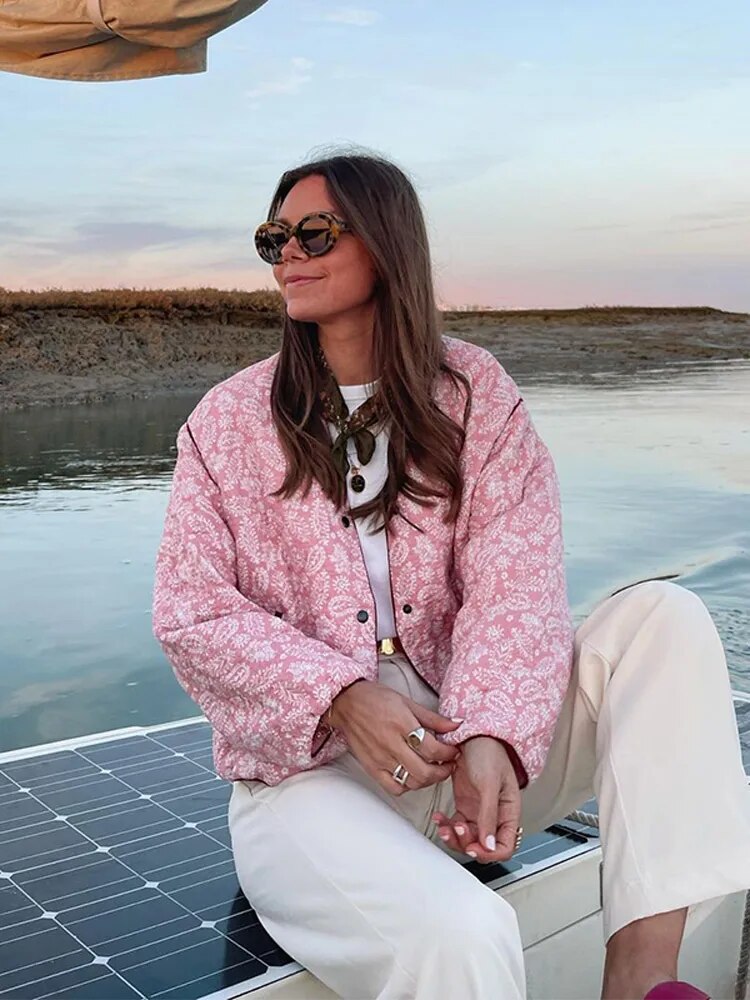 Dame Jakke Blomsterprint Vatteret Katoen Casual Fit Til Forår Efterår-2