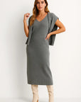 Eva | Damekjole Grå Strik Midi Skildpadde Hals Varmt Materiale Elegant Casual Stil