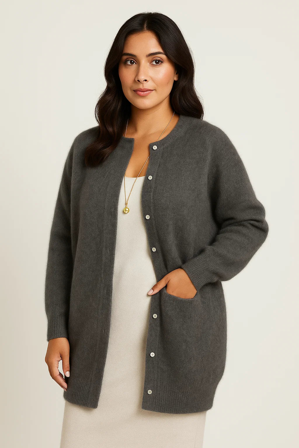 Dame Cardigan Grå Katoenmix Oversized Med Lommer Elegant Casual Stil