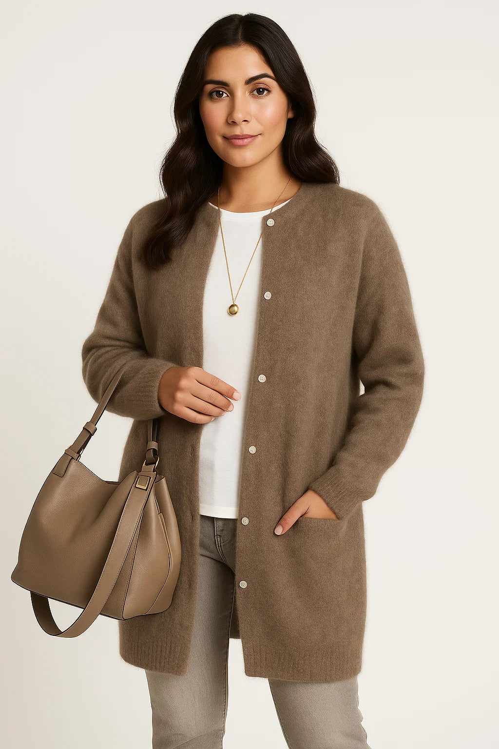 Dame Cardigan Grå Katoenmix Oversized Med Lommer Elegant Casual Stil