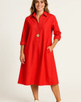 Tessa | Kvinders Polo-Kjole Rød Letvægts Materiale A-linje 3/4 Ærmer Skjortekrave Elegant Casual