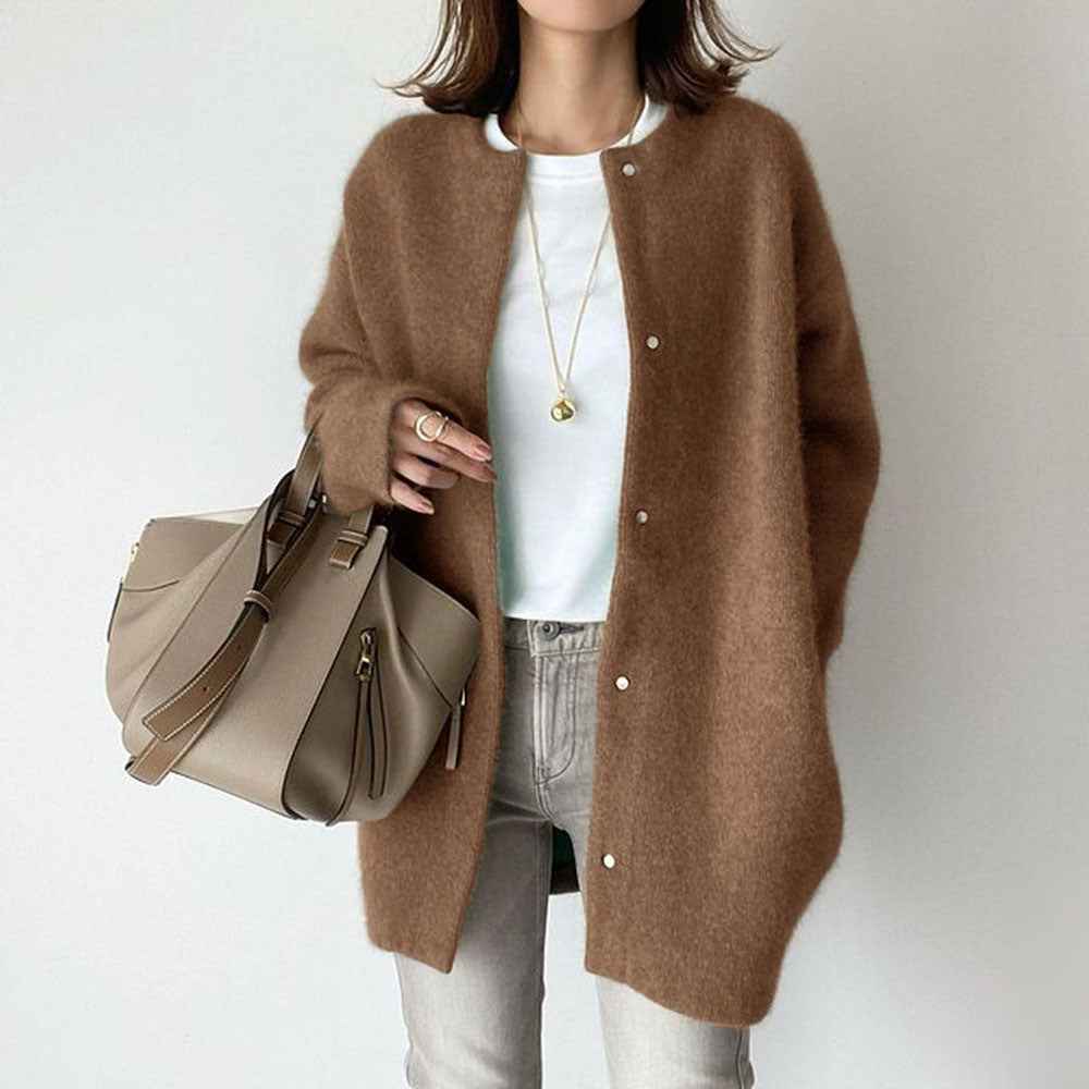 Variant image for Dame Cardigan Grå Katoenmix Oversized Med Lommer Elegant Casual Stil-13