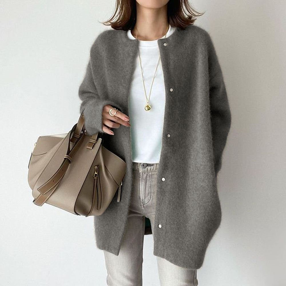 Variant image for Dame Cardigan Grå Katoenmix Oversized Med Lommer Elegant Casual Stil-19